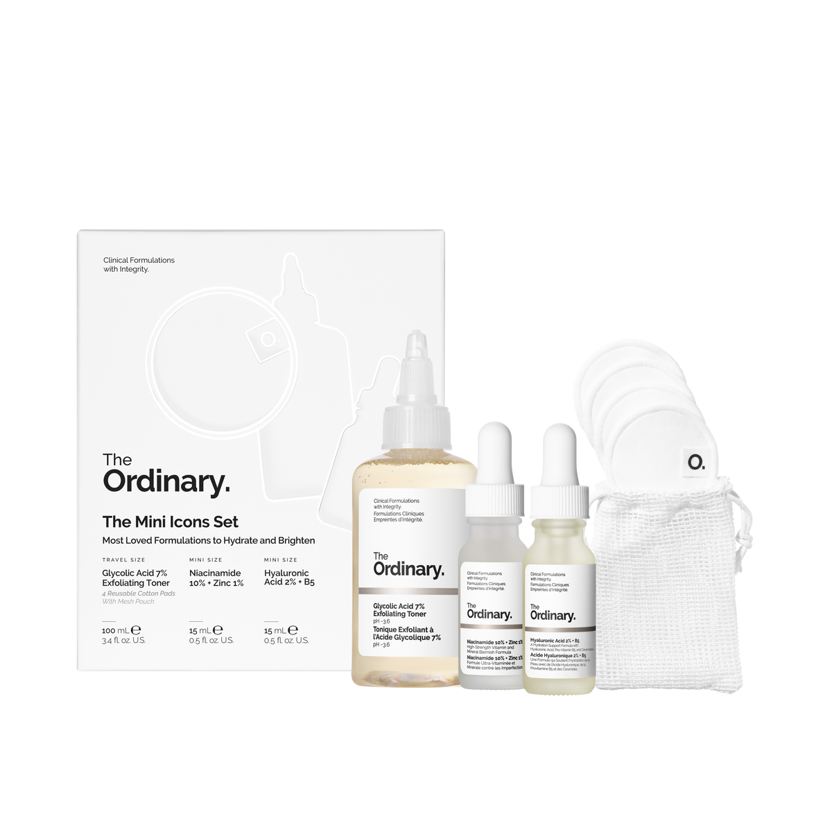 The Mini Icons Set - Hyaluronic Acid 2% + B5, Niacinamide 10% + Zinc 1%, and Glycolic Acid 7% Exfoliating Toner with reuseable cotton pads.