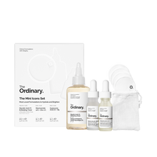 The Mini Icons Set - Hyaluronic Acid 2% + B5, Niacinamide 10% + Zinc 1%, and Glycolic Acid 7% Exfoliating Toner with reuseable cotton pads.