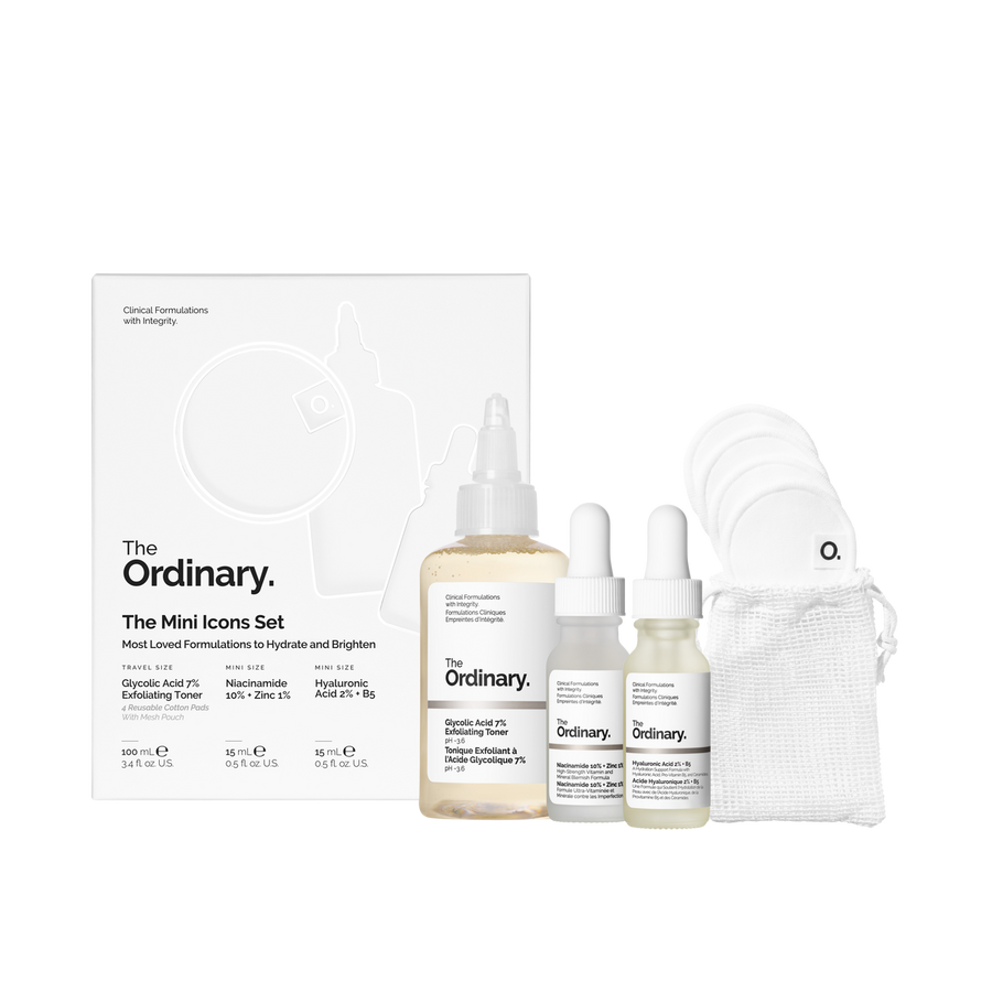 The Mini Icons Set - Hyaluronic Acid 2% + B5, Niacinamide 10% + Zinc 1%, and Glycolic Acid 7% Exfoliating Toner with reuseable cotton pads.
